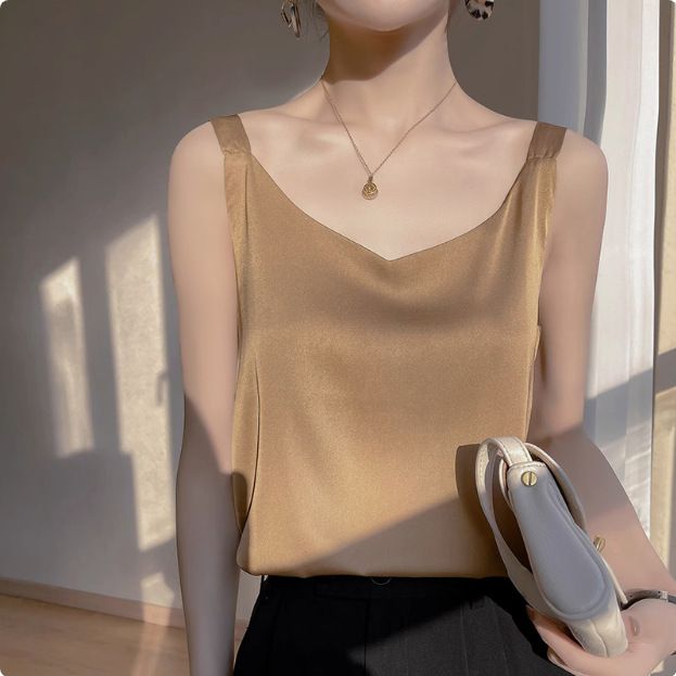 Strap vest for women, white back, acetate imitation silk top, satin summer suit, imitation base shirt