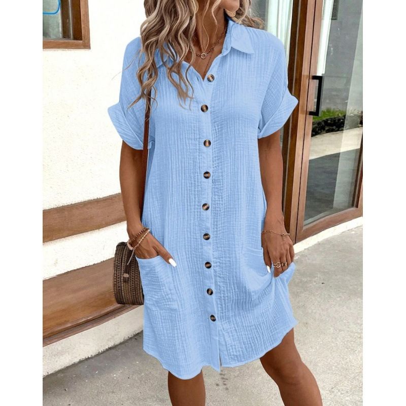 Hot summer minimalist V-neck button cotton linen dress for women's shirts and skirts