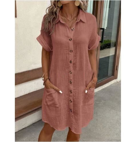 Hot summer minimalist V-neck button cotton linen dress for women's shirts and skirts