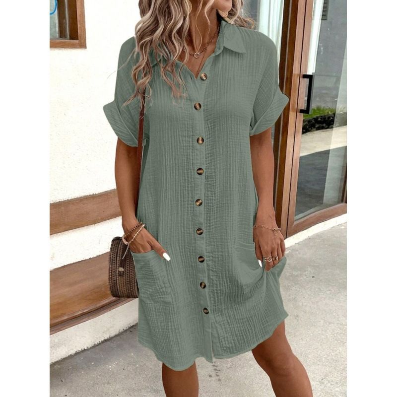 Hot summer minimalist V-neck button cotton linen dress for women's shirts and skirts
