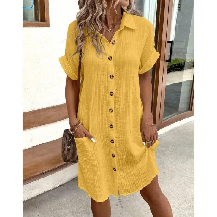 Hot summer minimalist V-neck button cotton linen dress for women's shirts and skirts