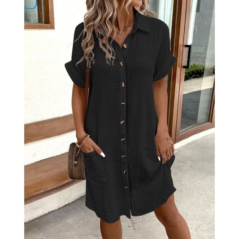 Hot summer minimalist V-neck button cotton linen dress for women's shirts and skirts