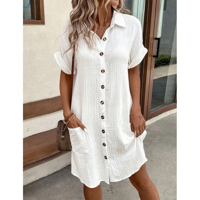 Hot summer minimalist V-neck button cotton linen dress for women's shirts and skirts