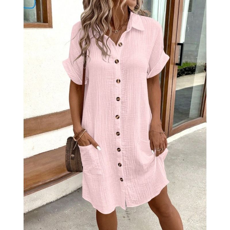 Hot summer minimalist V-neck button cotton linen dress for women's shirts and skirts