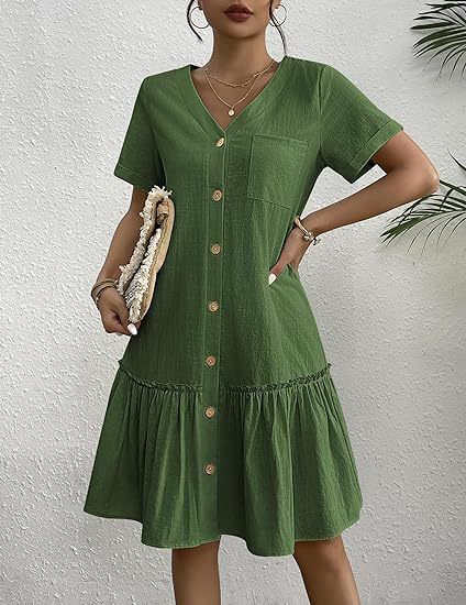 2025 Women's Buckle Dress Loose Summer Cotton and Hemp Dress with ruffle hem Casual Short Sleeve Dress