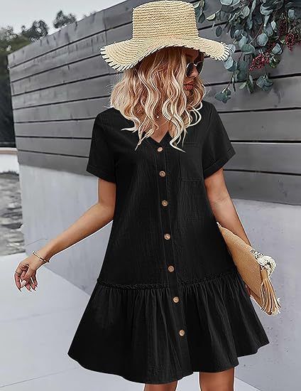 2025 Women's Buckle Dress Loose Summer Cotton and Hemp Dress with ruffle hem Casual Short Sleeve Dress
