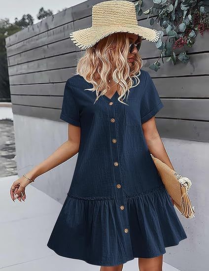 2025 Women's Buckle Dress Loose Summer Cotton and Hemp Dress with ruffle hem Casual Short Sleeve Dress