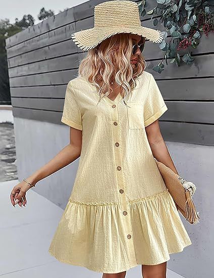 2025 Women's Buckle Dress Loose Summer Cotton and Hemp Dress with ruffle hem Casual Short Sleeve Dress