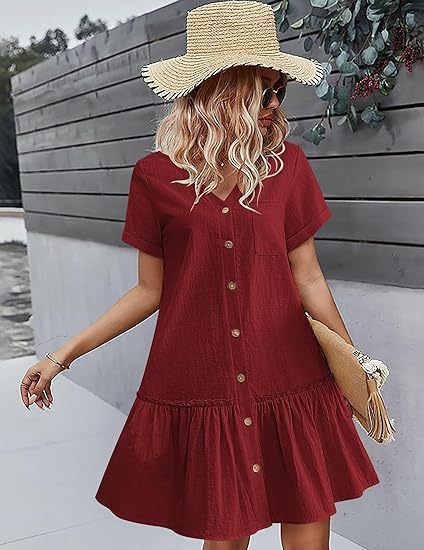 2025 Women's Buckle Dress Loose Summer Cotton and Hemp Dress with ruffle hem Casual Short Sleeve Dress