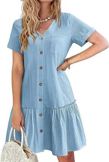 2025 Women's Buckle Dress Loose Summer Cotton and Hemp Dress with ruffle hem Casual Short Sleeve Dress