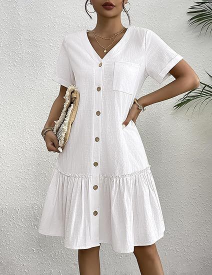 2025 Women's Buckle Dress Loose Summer Cotton and Hemp Dress with ruffle hem Casual Short Sleeve Dress