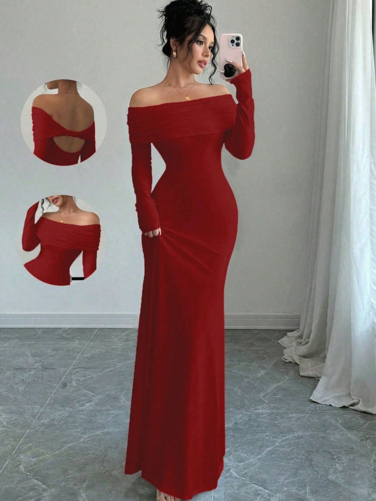 Spring women's one-piece off shoulder pleated tight, fashionable and elegant long evening dress with hip coverage