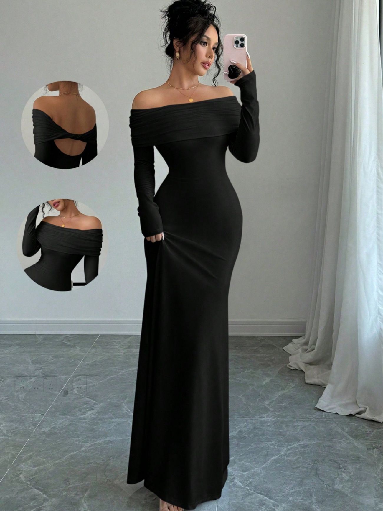 Spring women's one-piece off shoulder pleated tight, fashionable and elegant long evening dress with hip coverage