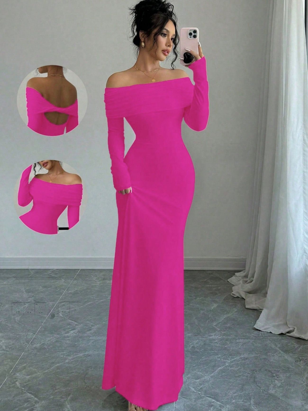 Spring women's one-piece off shoulder pleated tight, fashionable and elegant long evening dress with hip coverage