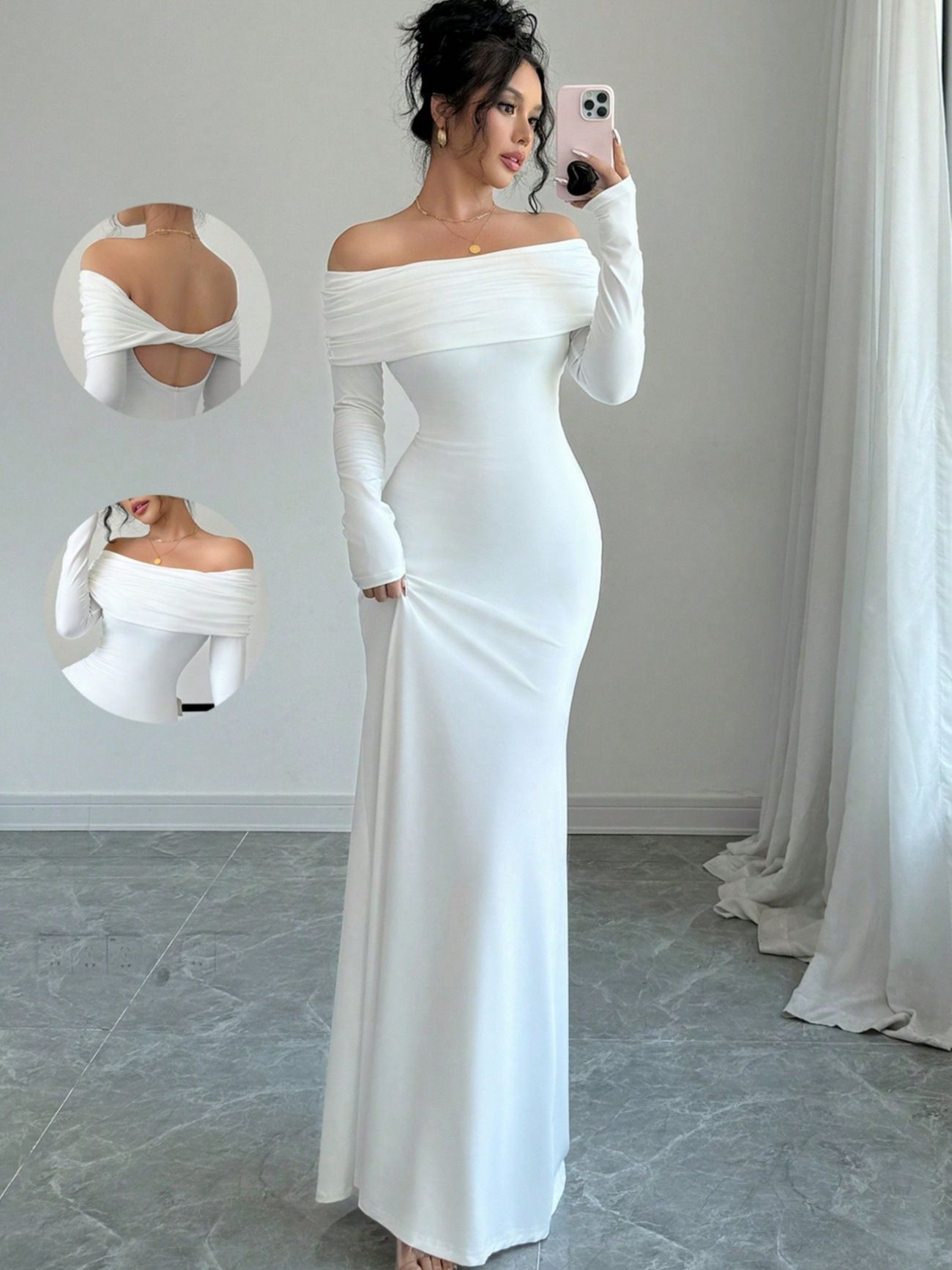 Spring women's one-piece off shoulder pleated tight, fashionable and elegant long evening dress with hip coverage