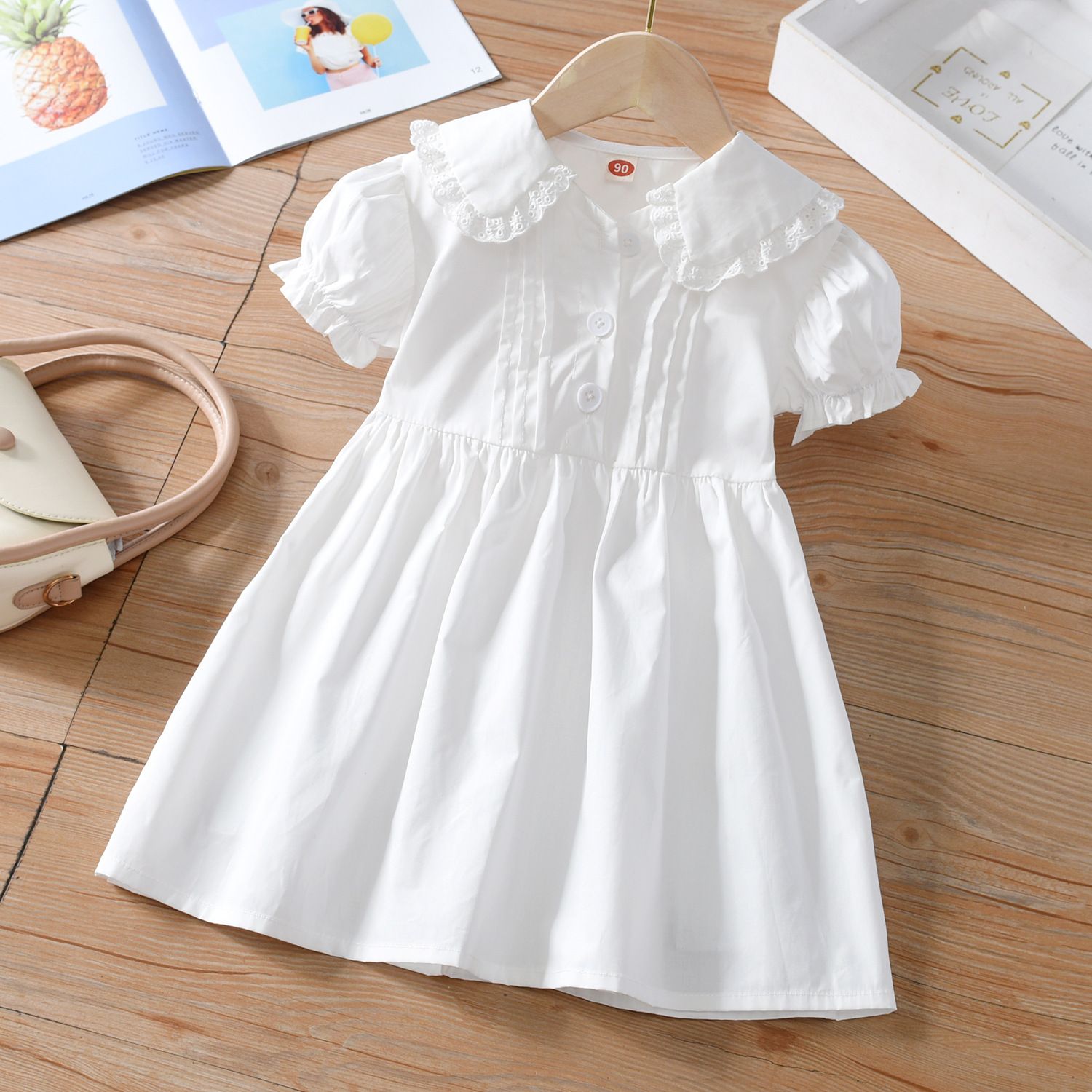 Baby girl's stylish white lace lapel princess dress, girls' summer dress, new mid size children's short sleeved dress