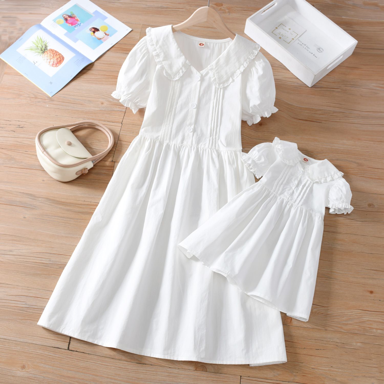 Baby girl's stylish white lace lapel princess dress, girls' summer dress, new mid size children's short sleeved dress