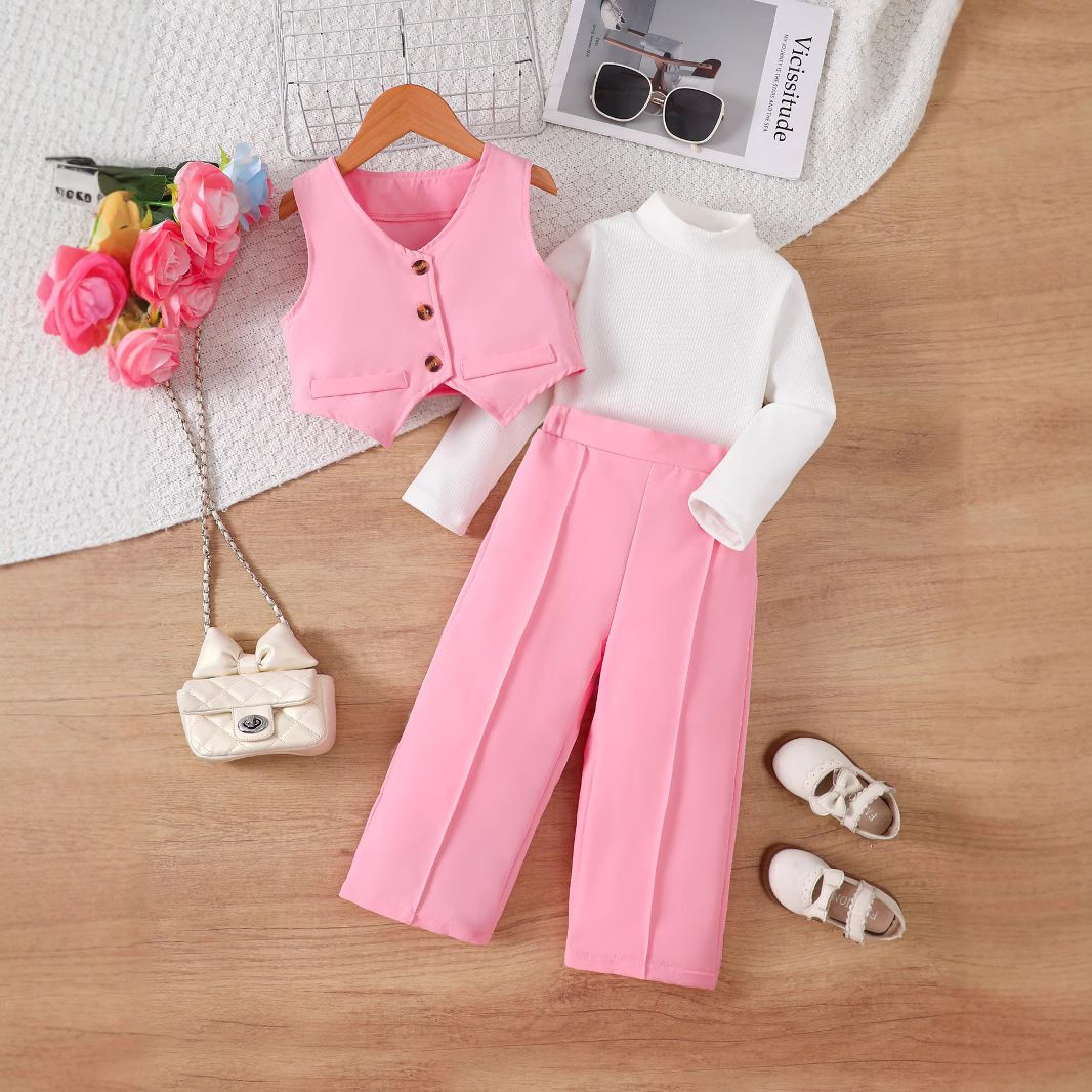 Children's clothing British style girls' V-neck suit+solid color base coat+suit pants three piece set