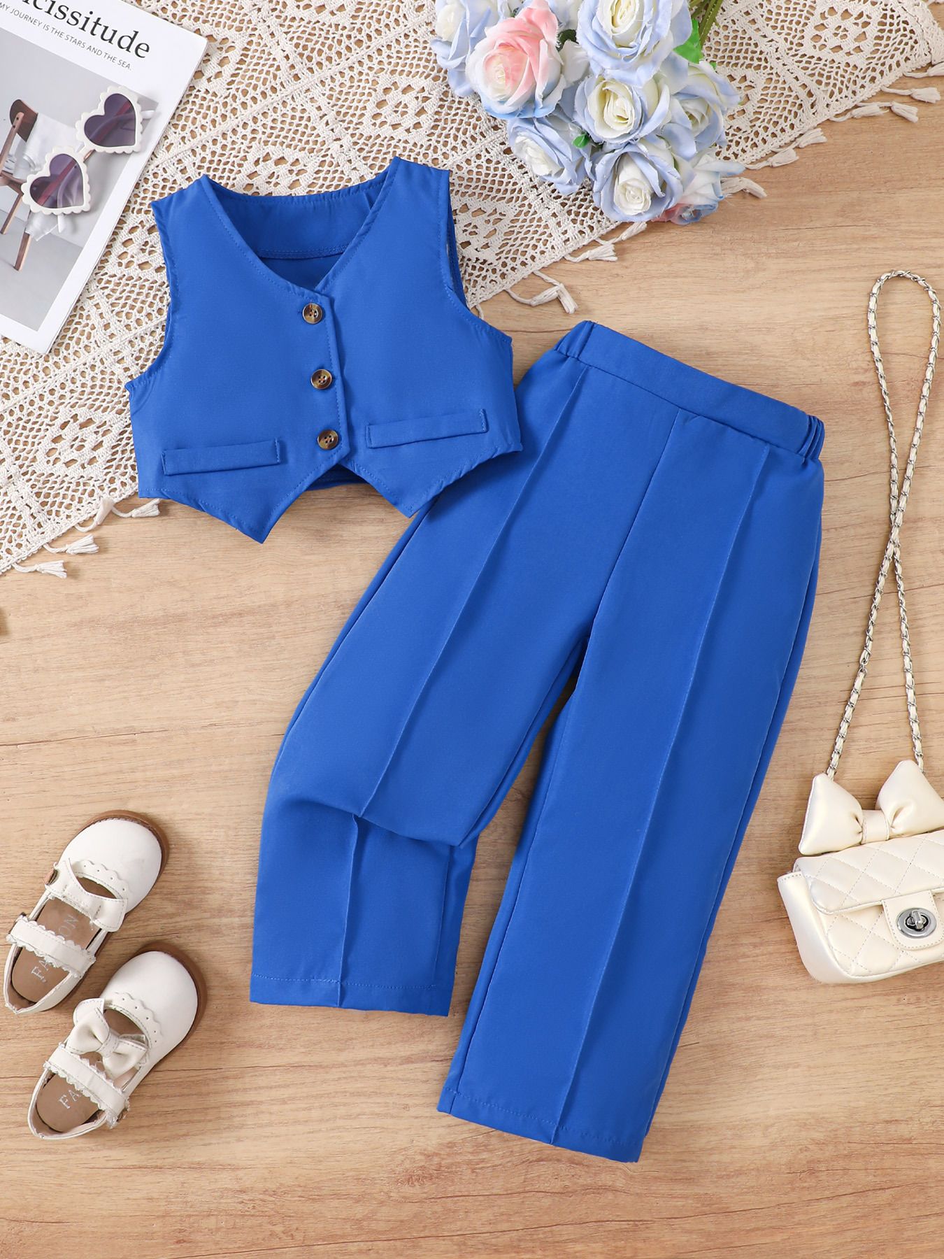 Children's clothing British style girls' V-neck suit+solid color base coat+suit pants three piece set
