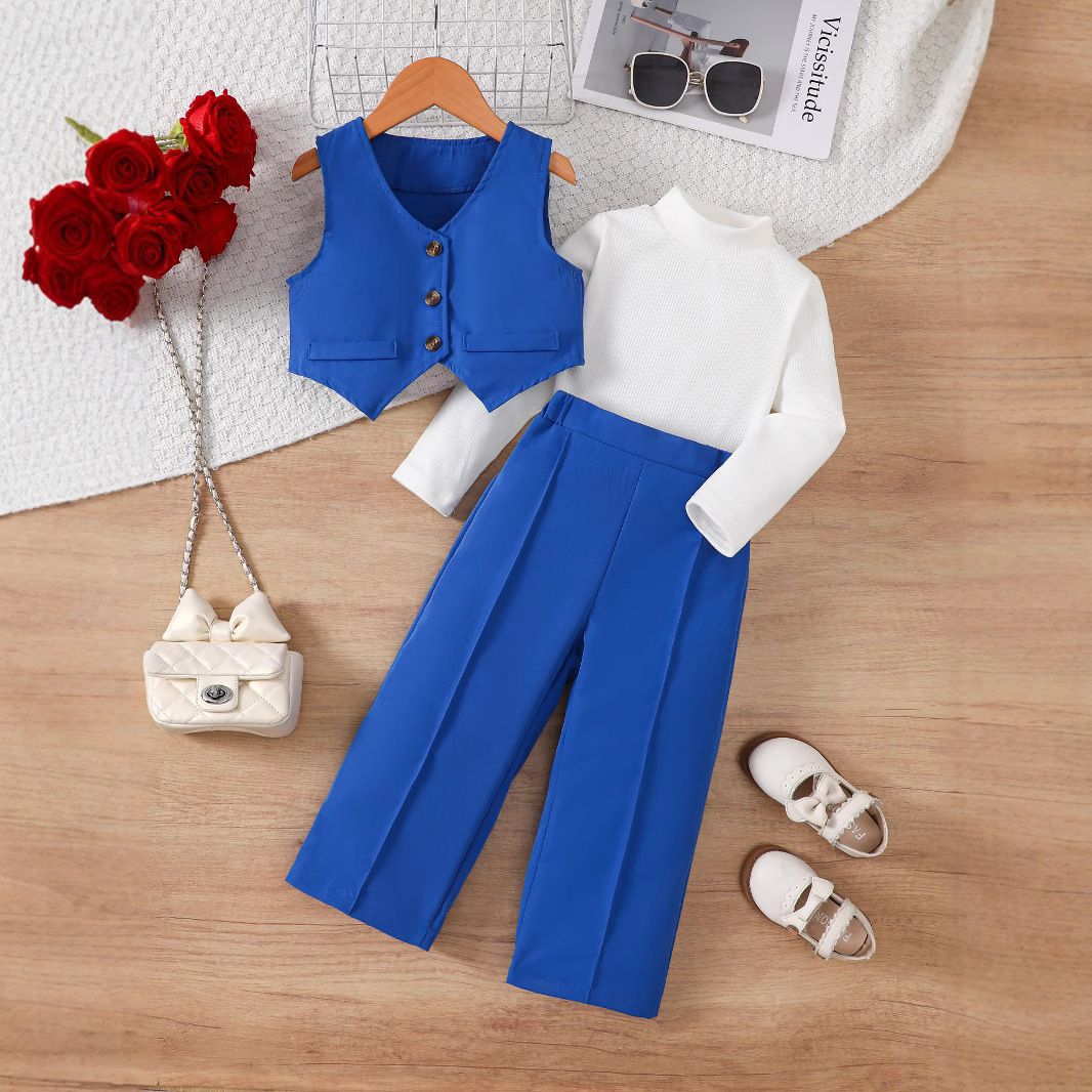 Children's clothing British style girls' V-neck suit+solid color base coat+suit pants three piece set