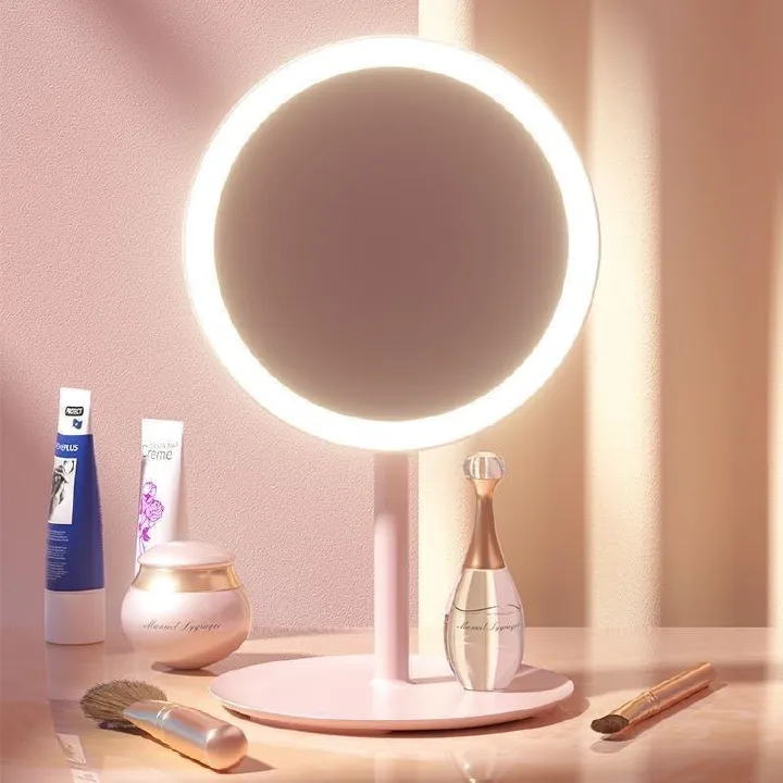 Makeup Mirror, LED Makeup Mirror, Type-C Rechargeable Desktop Mirror with Lamp, Make up Mirror with Supplementary Light Pink