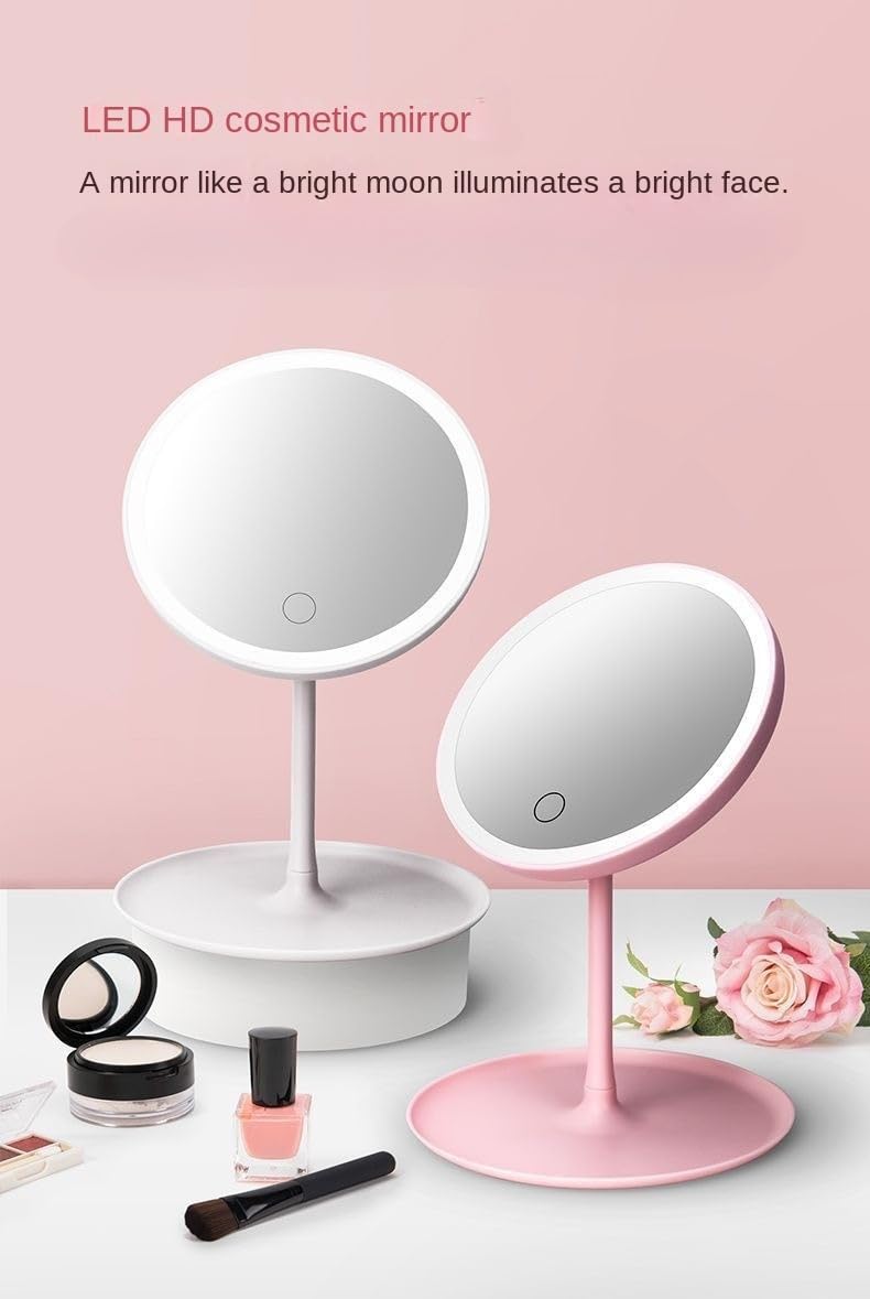 Makeup Mirror, LED Makeup Mirror, Type-C Rechargeable Desktop Mirror with Lamp, Make up Mirror with Supplementary Light Pink