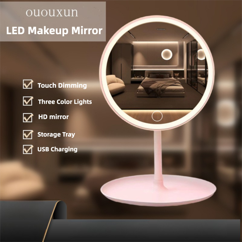 Makeup Mirror, LED Makeup Mirror, Type-C Rechargeable Desktop Mirror with Lamp, Make up Mirror with Supplementary Light Pink