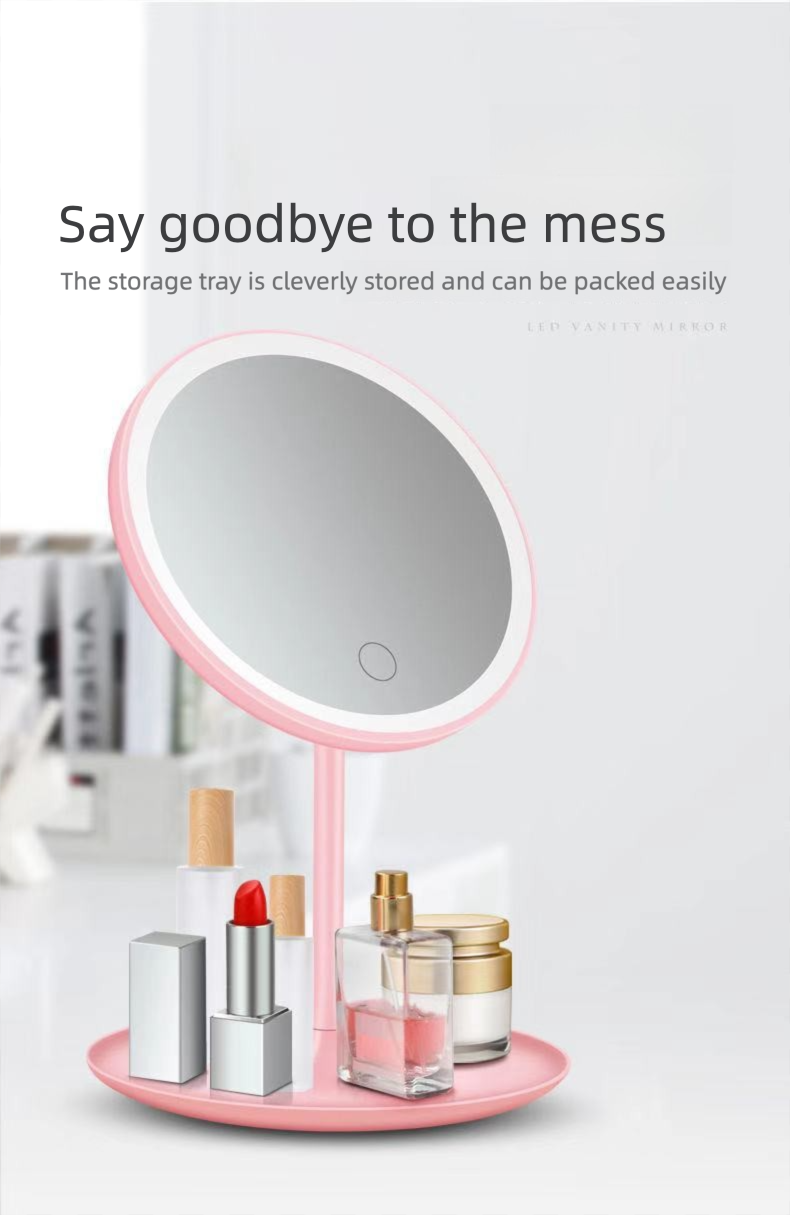 Makeup Mirror, LED Makeup Mirror, Type-C Rechargeable Desktop Mirror with Lamp, Make up Mirror with Supplementary Light Pink