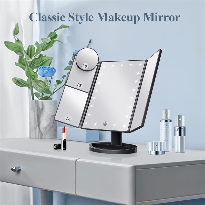 Makeup Mirror, LED Make up Mirror, 2X 3X 10X Magnification, Lighted Mirror, Touch Control, Vanity with Lights, Trifold Dual Power Supply, Portable LED Women Gift Black