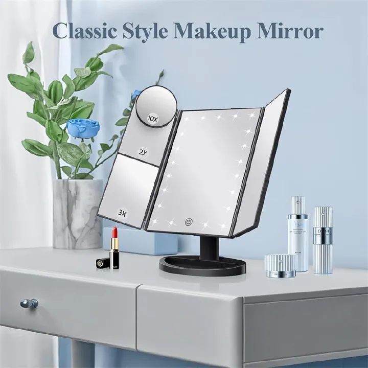 Makeup Mirror, LED Make up Mirror, 2X 3X 10X Magnification, Lighted Mirror, Touch Control, Vanity with Lights, Trifold Dual Power Supply, Portable LED Women Gift Black