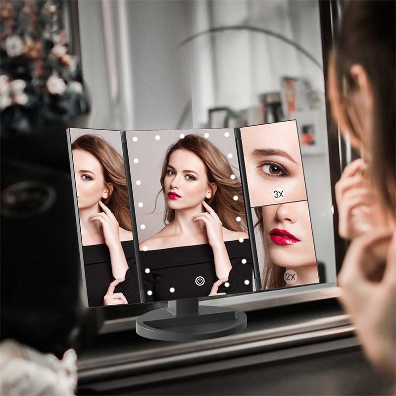 Makeup Mirror, LED Make up Mirror, 2X 3X 10X Magnification, Lighted Mirror, Touch Control, Vanity with Lights, Trifold Dual Power Supply, Portable LED Women Gift Black