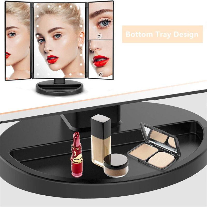 Makeup Mirror, LED Make up Mirror, 2X 3X 10X Magnification, Lighted Mirror, Touch Control, Vanity with Lights, Trifold Dual Power Supply, Portable LED Women Gift Black