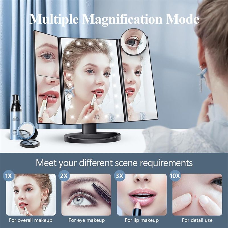 Makeup Mirror, LED Make up Mirror, 2X 3X 10X Magnification, Lighted Mirror, Touch Control, Vanity with Lights, Trifold Dual Power Supply, Portable LED Women Gift Black