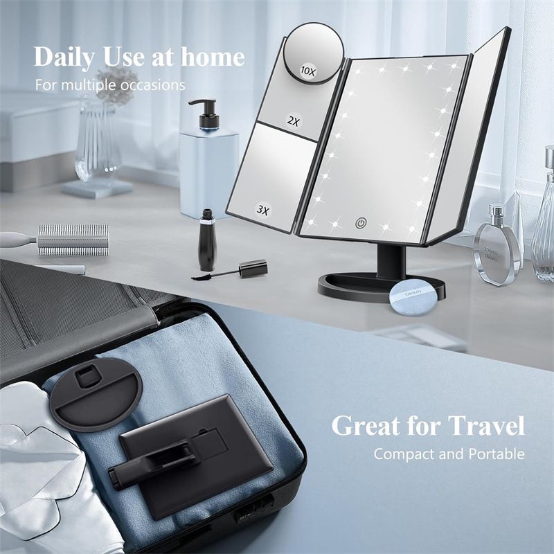 Makeup Mirror, LED Make up Mirror, 2X 3X 10X Magnification, Lighted Mirror, Touch Control, Vanity with Lights, Trifold Dual Power Supply, Portable LED Women Gift Black