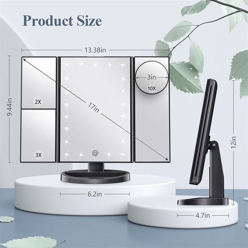 Makeup Mirror, LED Make up Mirror, 2X 3X 10X Magnification, Lighted Mirror, Touch Control, Vanity with Lights, Trifold Dual Power Supply, Portable LED Women Gift Black
