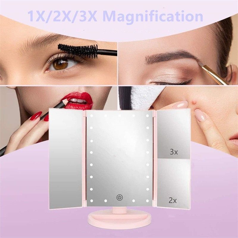 Makeup Mirror, LED Make up Mirror, 2X 3X 10X Magnification, Lighted Mirror, Touch Control, Vanity with Lights, Trifold Dual Power Supply, Portable LED Women Gift Black