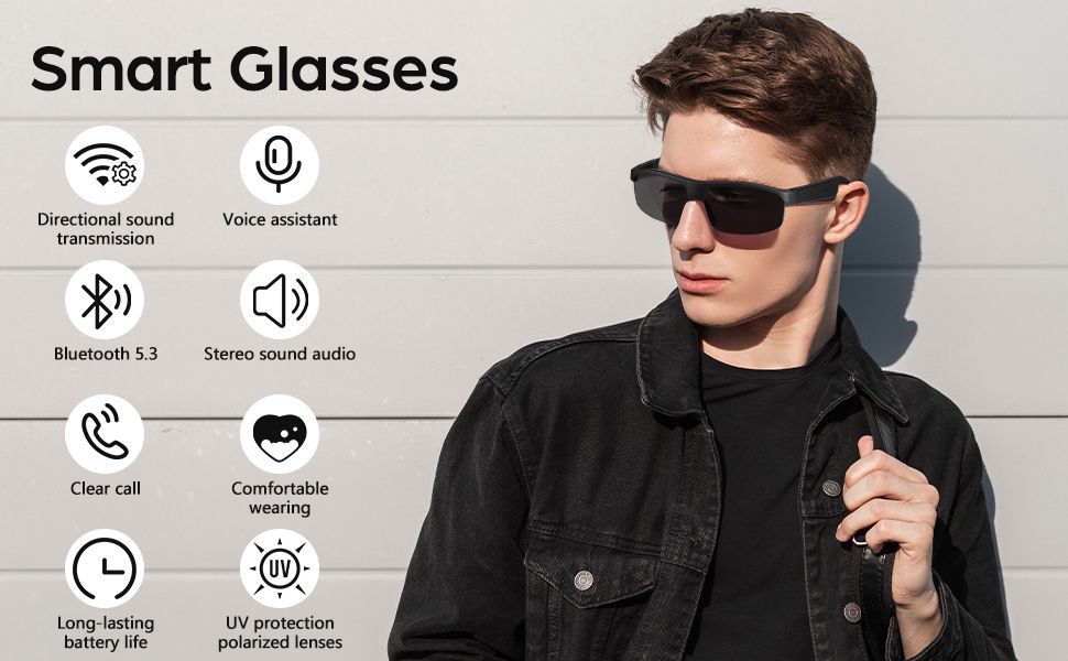 Smart Glasses for Men Women, Polarized Bluetooth Sunglasses, Bluetooth 5.3, Built-in Mic & Open Ear Speakers, Voice Assistant, IPX4 Waterproof, UV Protection Running Sport Sunglasses, Cycling Glasses