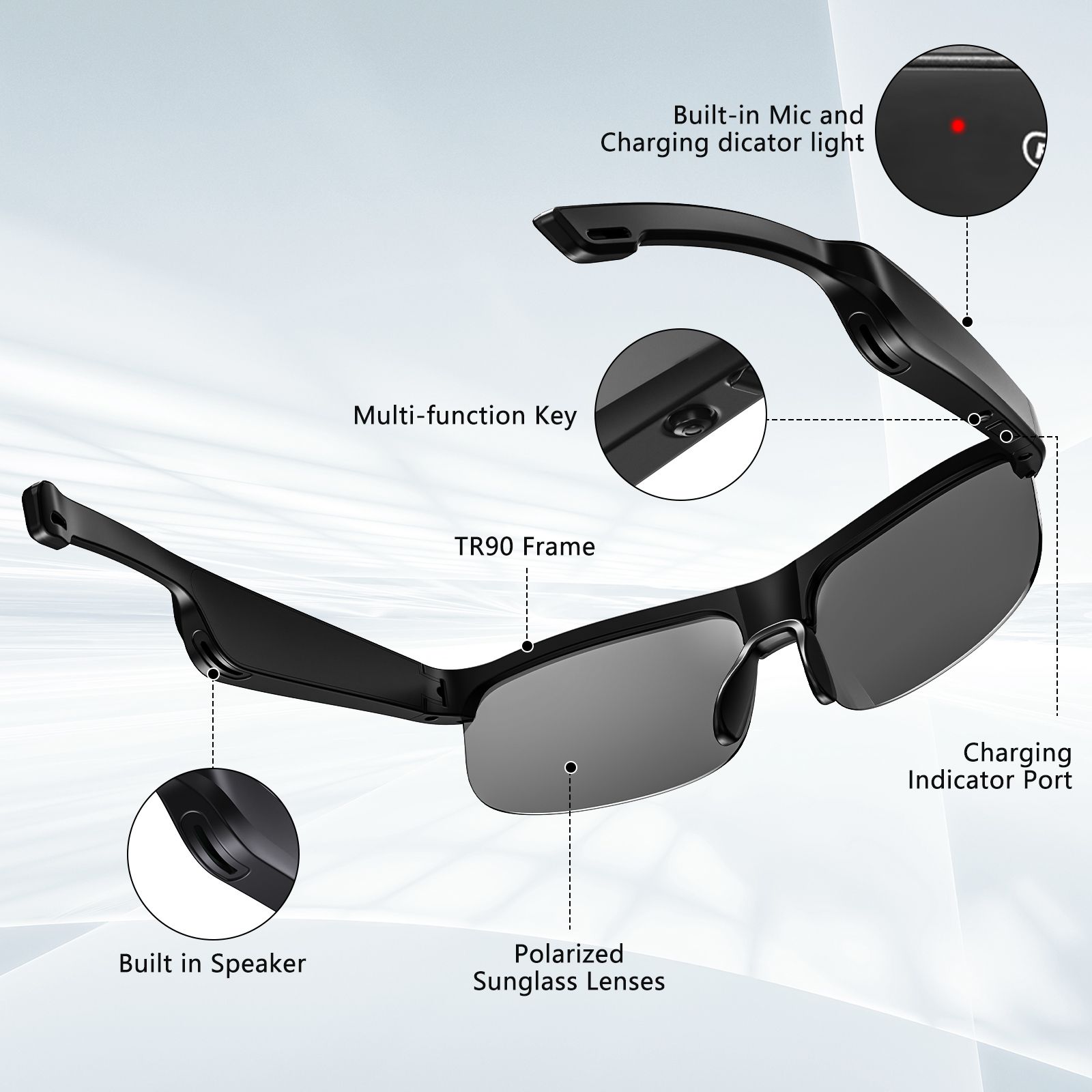 Smart Glasses for Men Women, Polarized Bluetooth Sunglasses, Bluetooth 5.3, Built-in Mic & Open Ear Speakers, Voice Assistant, IPX4 Waterproof, UV Protection Running Sport Sunglasses, Cycling Glasses