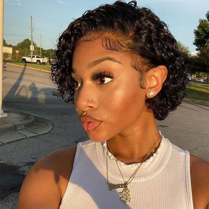 Short Curly Lace Front Wig – Heat-Resistant Synthetic Fiber, Adjustable Bangs