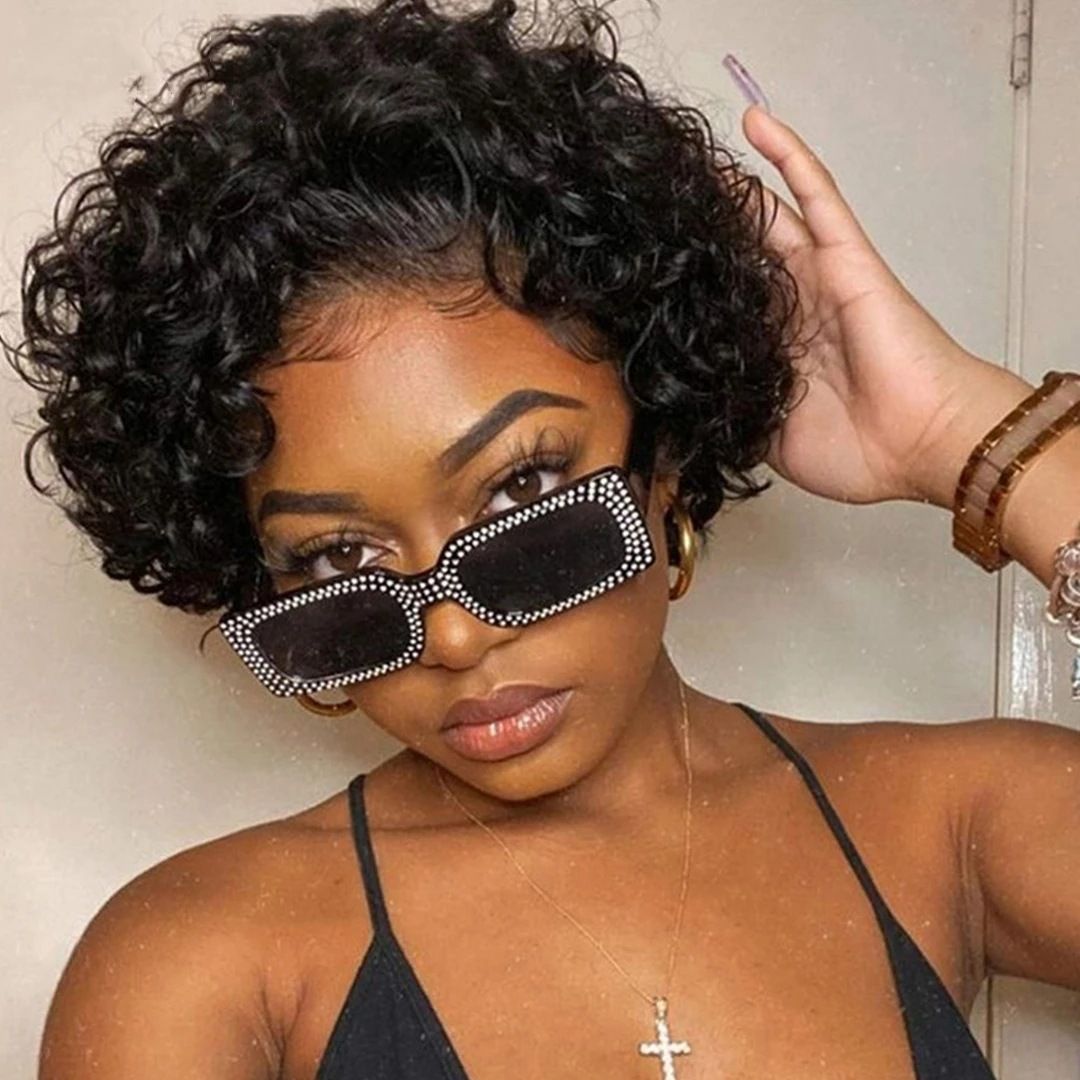 Short Curly Lace Front Wig – Heat-Resistant Synthetic Fiber, Adjustable Bangs