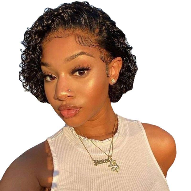 Short Curly Lace Front Wig – Heat-Resistant Synthetic Fiber, Adjustable Bangs