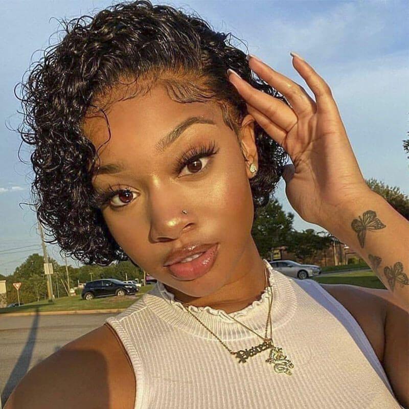 Short Curly Lace Front Wig – Heat-Resistant Synthetic Fiber, Adjustable Bangs