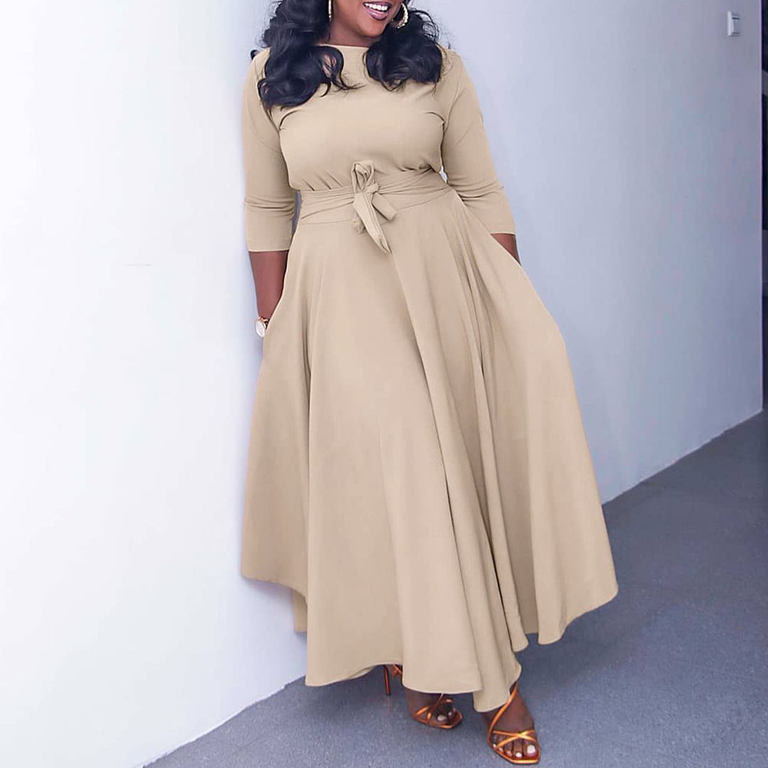 Women Dresses Spring Summer Elegant High-Waisted Wrap Maxi Dress – Plus Size African Print Long Dress with Belt, Polyester Spandex, Casual Office Wear (S-5XL)