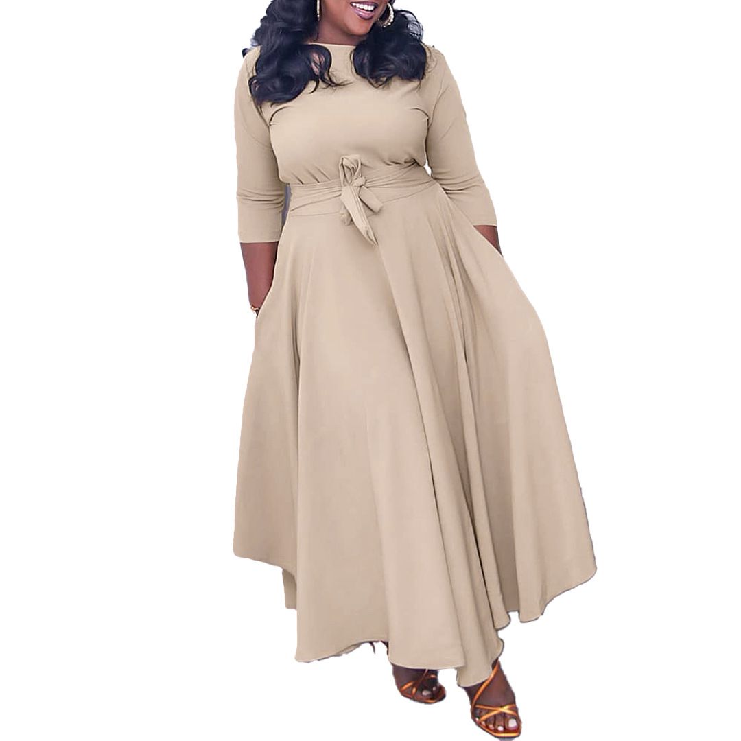 Women Dresses Spring Summer Elegant High-Waisted Wrap Maxi Dress – Plus Size African Print Long Dress with Belt, Polyester Spandex, Casual Office Wear (S-5XL)