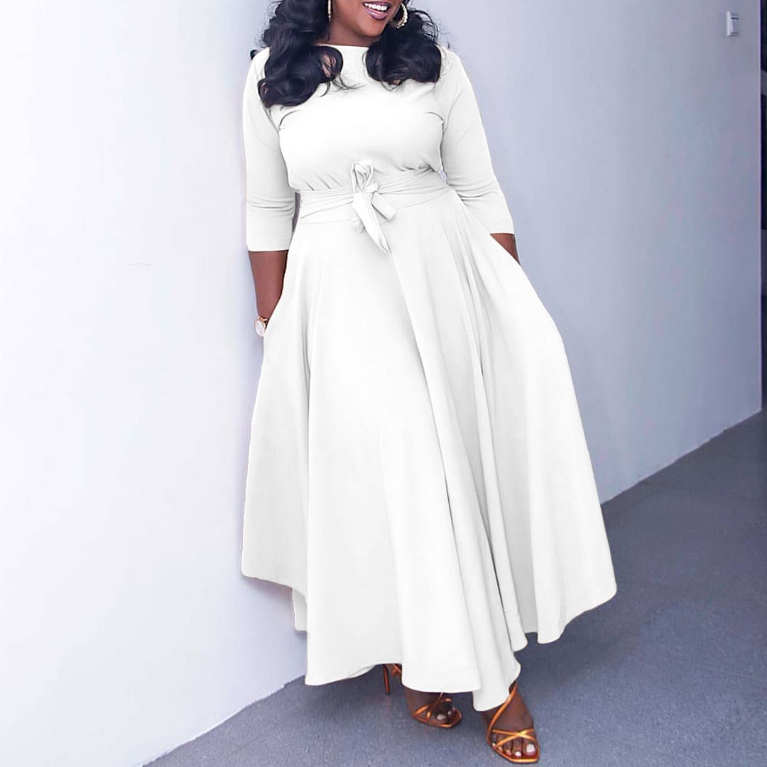 Women Dresses Spring Summer Elegant High-Waisted Wrap Maxi Dress – Plus Size African Print Long Dress with Belt, Polyester Spandex, Casual Office Wear (S-5XL)
