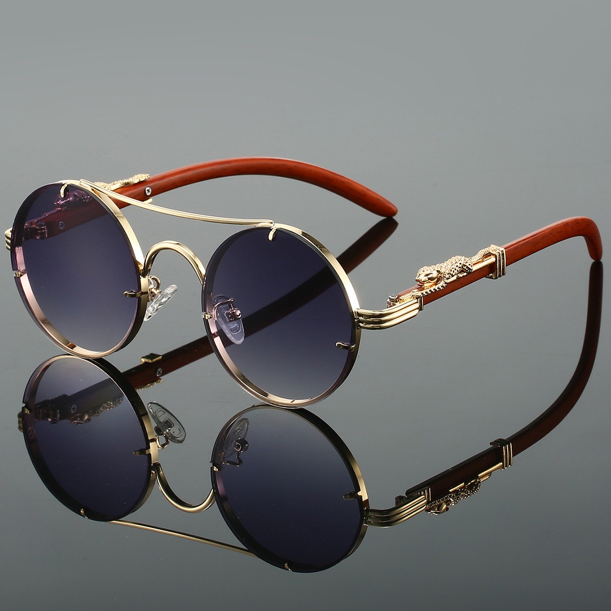 Retro Double Beam Leopard Head Sunglasses Men And Women The Same Fashion Trend Personalized Round Frame Sunglasses