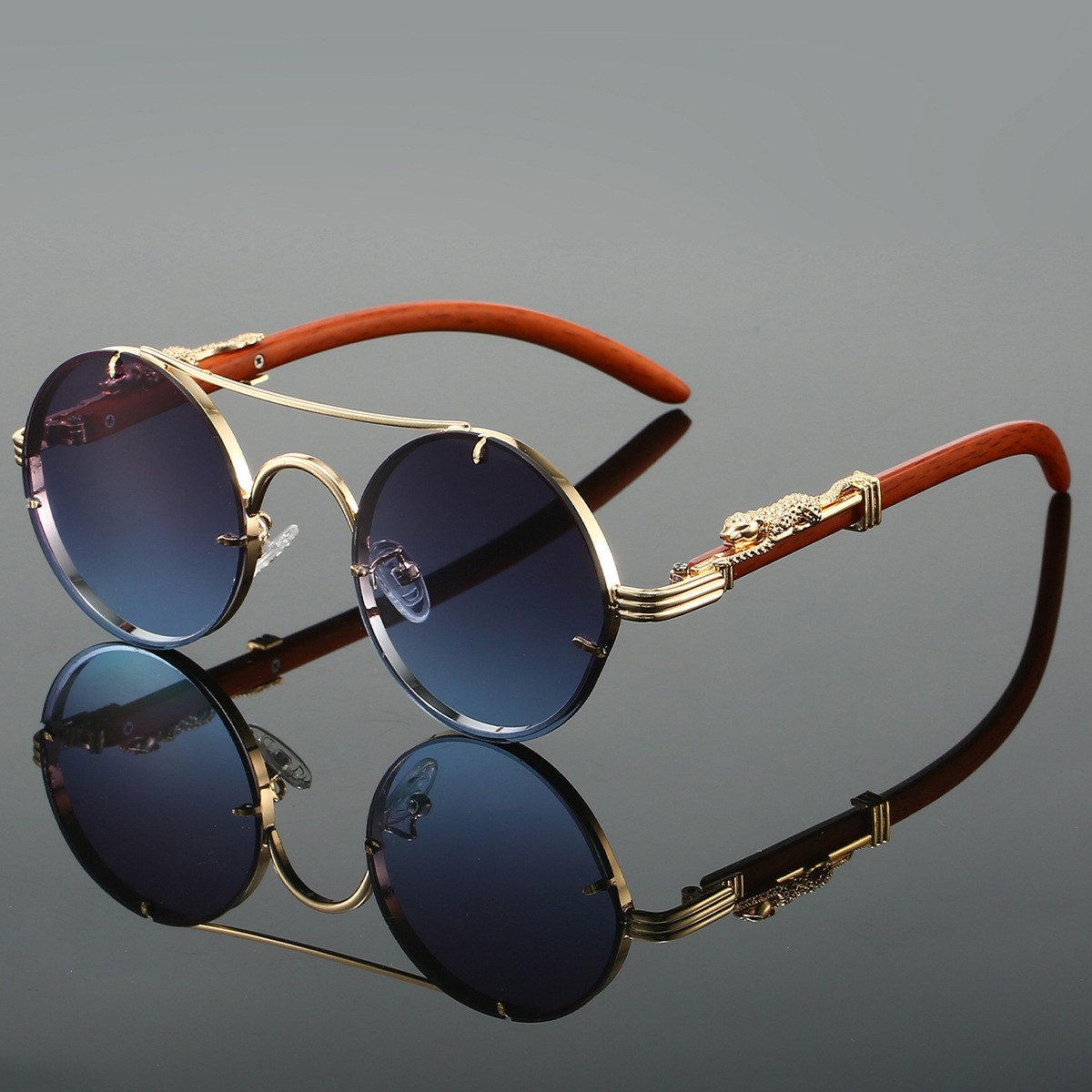 Retro Double Beam Leopard Head Sunglasses Men And Women The Same Fashion Trend Personalized Round Frame Sunglasses