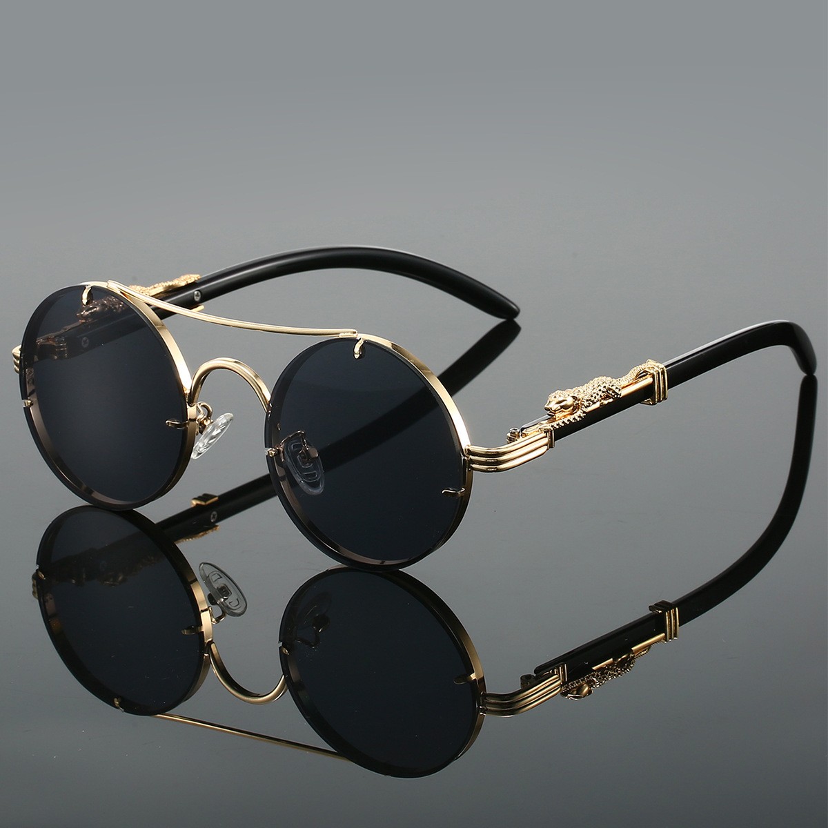 Retro Double Beam Leopard Head Sunglasses Men And Women The Same Fashion Trend Personalized Round Frame Sunglasses