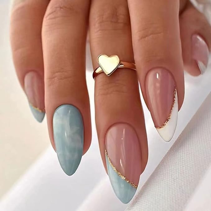 Press on Nails Short Fake Nails French Tips Full Cover Short False Nails with Designs 24 Pcs Stick on Nails for Women and Girls