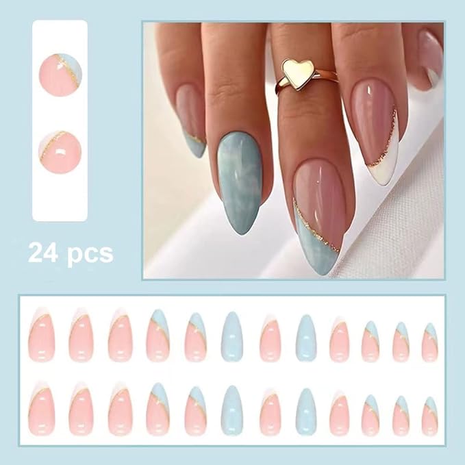Press on Nails Short Fake Nails French Tips Full Cover Short False Nails with Designs 24 Pcs Stick on Nails for Women and Girls